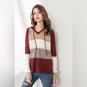Striped Openwork Drawstring Hooded Sweater